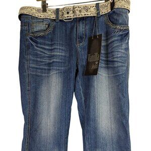 Vanilla Star Jeans Women size 14 Capri Jean Lace Belt Whiskered Denim Stitching